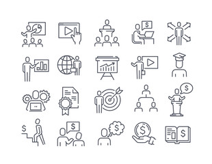 Large set of black and white business training icons showing presentations, discussion, goals, meetings, success and achievements, vector illustrations for design elements