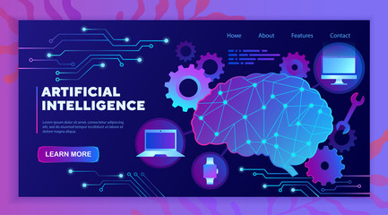 Artificial intelligence concept with brain, computers and smart devices over a background of gears, colored vector web page template