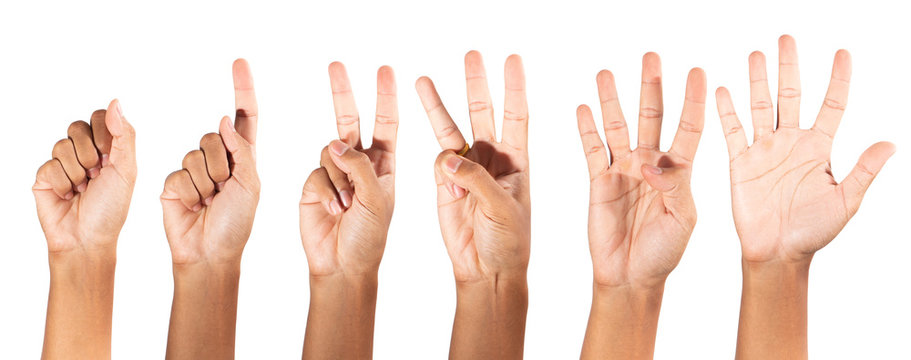 five fingers count signs isolated on white background with Clipping path included. Communication gestures concept	
