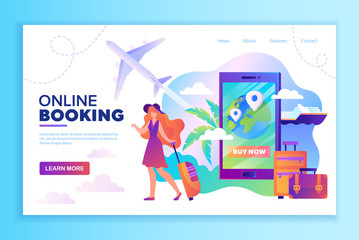 Online travel booking concept with tourist, baggage, ship, airplane and mobile phone app, colored vector web page template illustration