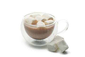 Cup of coffee with marshmallows isolated on white background