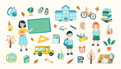 Vector illustration of school related objects in colorful cartoon style. Set includes hand drawn teacher, students, books, backpacks and school supplies. Elements are isolated.