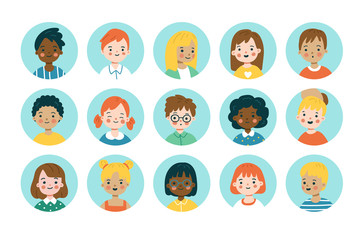 Kids portraits set. Vector illustration of cute children's faces in flat cartoon style. Collection of avatars. Elements are isolated.