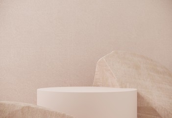 Premium podium made of paper on pastel background with plant branches,leaves,pebbles and natural stones.Mock up for the exhibitions,presentation of products, therapy, relaxation and health -3d render.