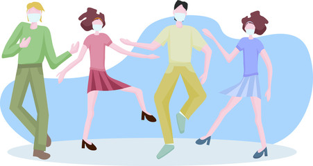 young people in medical masks. Despite the danger of getting infected with the virus, people live ordinary lives, they have fun and dance. But they always think about their protection. New reality in 