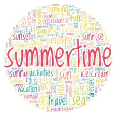 Summertime vector illustration word cloud isolated on a white background.