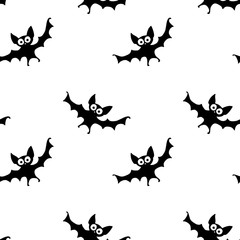 Flying bats seamless pattern. Cute Spooky vector Illustration. Halloween backgrounds and textures in flat cartoon gothic style. Black silhouettes animals on sky