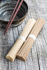 Uncooked soba and udon noodles. Traditional Japanese noodles.