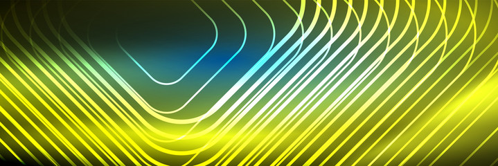 Obraz premium Shiny neon lines, stripes and waves, technology abstract background. Trendy abstract layout template for business or technology presentation, internet poster or web brochure cover, wallpaper