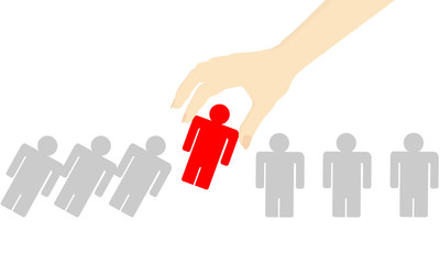 Woman hand choose the one person from the group of people