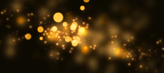 Fototapeta na wymiar Dark background with luminous golden light effects. Horizontal background with blur bokeh effects for christmas time. Special occasion concept with space for text.