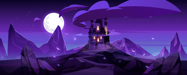 Magic castle at night on mountain, fairytale palace with turrets and rocky road under purple sky with full moon and clouds in sky. Fantasy fortress, medieval architecture. Cartoon vector illustration © klyaksun