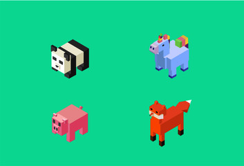 Isometric animals set. Vector 3d animals. isometric fox, isometric panda, isometric unicorn, isometric pig