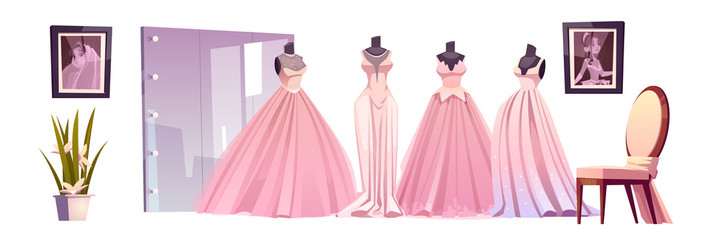 Wedding shop with luxury bride dresses, big mirror and chair. Vector cartoon set of bridal boutique interior, mannequins with female gowns, posters and flowers isolated on white background