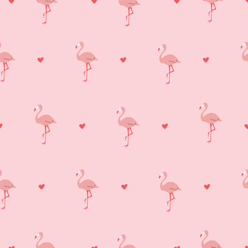 Pink and red Seamless vector repeat pattern with hearts and flamingos