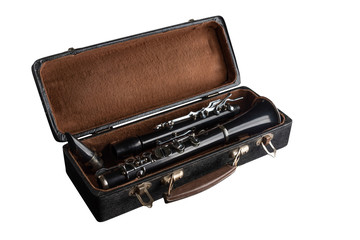 Classical wind instrument clarinet, lying in a case.