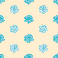 Blue Rose succulent seamless illustration pattern. Cartoon Echeveria Imbricata vector background.
