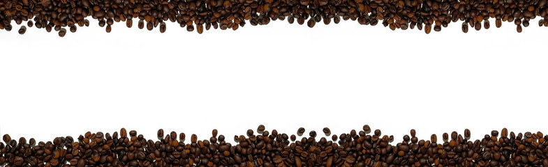 Coffee beans isolated on a white background with a copy space. Long horizontal banner background