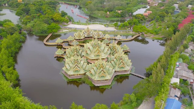 Aerial top view of The Ancient Siam City, the museum park with lake, in Samut Prakan Province, Bangkok, Thailand. Thai architecture temple. Tourist attraction landmark building.
