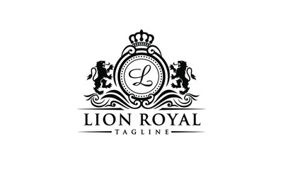 Fancy Black on White Royal Lion Logo - Classy Letter Initial Crest Design - Elegant Vintage Brand Icon - Luxury Lion Emblem - Heraldic Badge Monogram Vector Illustration