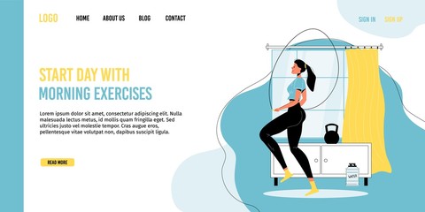 Daily fitness gymnastics at home healthy lifestyle promotion. Every morning routine activity workout training. Woman character jumping rope doing warming up cardio exercise. Landing page design