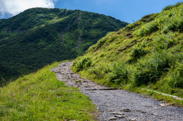 An empty mountain hiking walkway in Alps.