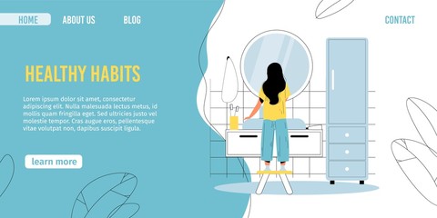 Children good healthy morning habit. Little female child brushing teeth standing front of mirror in home bathroom. Kid oral hygiene, tooth care. School girl schedule, daily routine. Landing page