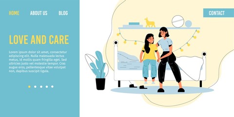 Mother daughter loving relationship. Mom embracing adorable girl child. Woman parent kid having nice conversation before bedtime sitting on bed in cozy bedroom. Happy family. Landing page