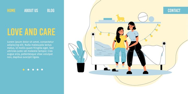 Mother Daughter Loving Relationship. Mom Embracing Adorable Girl Child. Woman Parent Kid Having Nice Conversation Before Bedtime Sitting On Bed In Cozy Bedroom. Happy Family. Landing Page