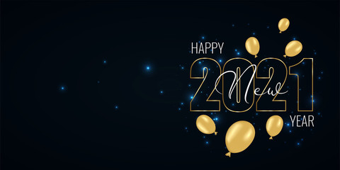 Happy New Year 2021 and Merry Christmas greeting card with empty space for greeting text. Golden numbers and air balloon on black background with glowing stars light. Vector illustration