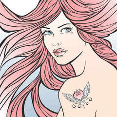 Young girl with pink hair and a tattoo on her shoulder.