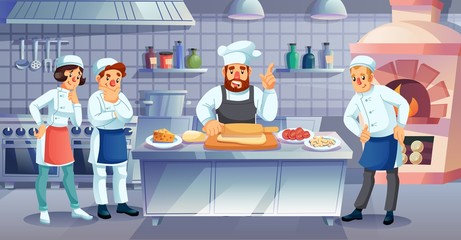 Restaurant cooking master class, culinary art lesson, training course. Man chef teaching young student, apprentice, showing knead roll dough for italian pizza. Commercial cookery, cuisine