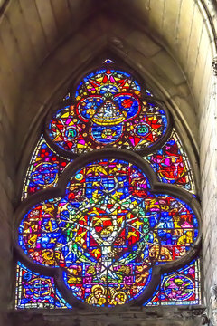 Stained glass window created by Marc Chagall in Notre-Dame de Reims cathedral (Our Lady of Reims, 1275). REIMS, FRANCE. November 1, 2014.