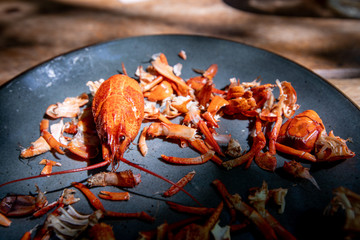 Pieces of crayfish close up that someone has already eaten