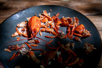 Pieces of crayfish that someone has already eaten