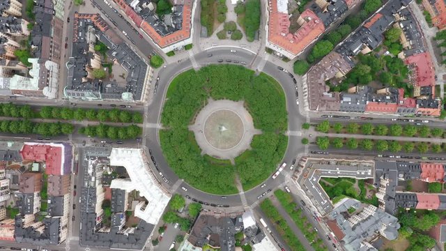 Rising footage of Karlaplan in Stockholm, aerial view from above
