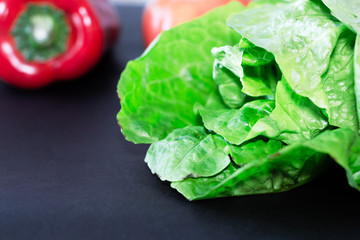 Primer plano de las hojas de una verde y fresca lechuga junto a un pimiento y un tomate aislados sobre un fondo negro y bajo luz y foco selectivo sobre las hojas de la lechuga. 