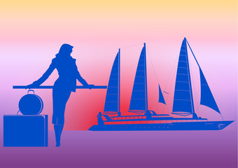 Cruise sailboat. Travel and adventure concept. Vector illustration.