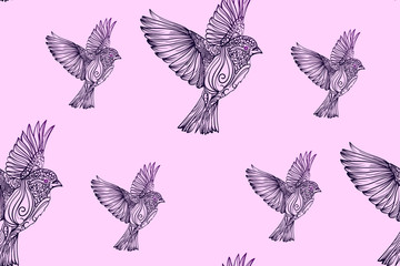 seamless pattern of a drawn abstract Sparrow bird on a pink background. Botanical design. Perfect for gift packages, labels, textiles, postcards. EPS 10