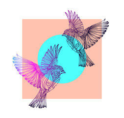 an abstract bird- sparrow on a  blue & pink background. Botanical design. Perfect for interior design, labels, banners, posters, postcards. EPS 10