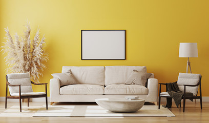 Blank picture frame mock up in yellow room interior , 3d rendering