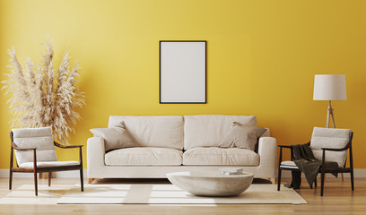 Blank poster frame mock up in yellow room interior , 3d rendering
