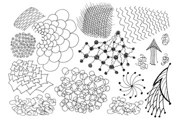 Vector set of isolated decorative elements. Doodles, hatching, arrows drawn by a pen on paper. Black on white.