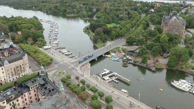 Bridge over to Djurgarden in Stockholm, aerial view