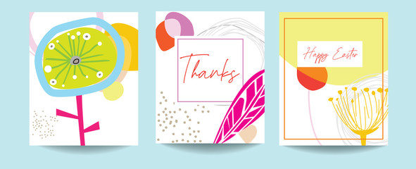 happy easter, thankyou and blank card or poster promo design templates in a scandinavian illustration style