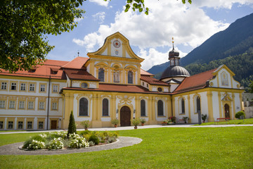 Fototapeta na wymiar Stift Stams, a baroque Cistercian abbey in the municipality of Stams, state of Tyrol, Austria. 