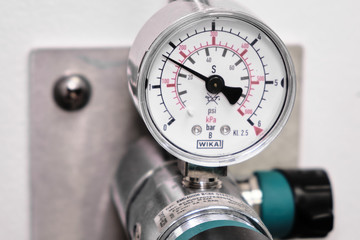 Pressure gauge psi meter. Barometer in chemical laboratory.