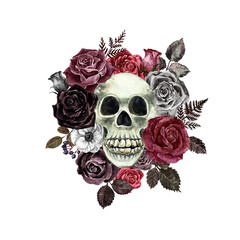 Floral skull watercolor illustration. Dead men and red, black roses hand painted graphic. Halloween themed design. Victorian goth style painting.