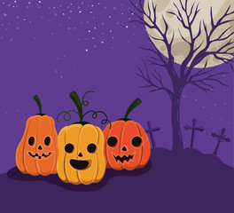 Halloween crosses graves pumpkins and trees in front of moon landscape design, Holiday and scary theme Vector illustration