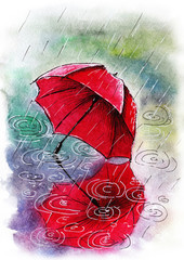 Red Umbrella, watercolour illustration